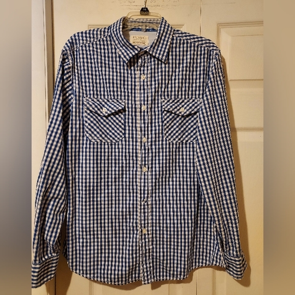 PD&C Mens Blue White Check Long Sleeved Button Up Shirt Size Large Cotton - Picture 1 of 13